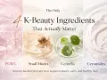 Ślimak na tle kosmetyków, prezentujący 4 kluczowe składniki K-Beauty: PDRN, Snail Mucin, Centella, Ceramides.