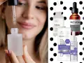 Kobieta aplikuje serum z niacynamidem. Na zdjęciu widać też produkty z niacynobazą od The Ordinary, Revox i Bielenda.