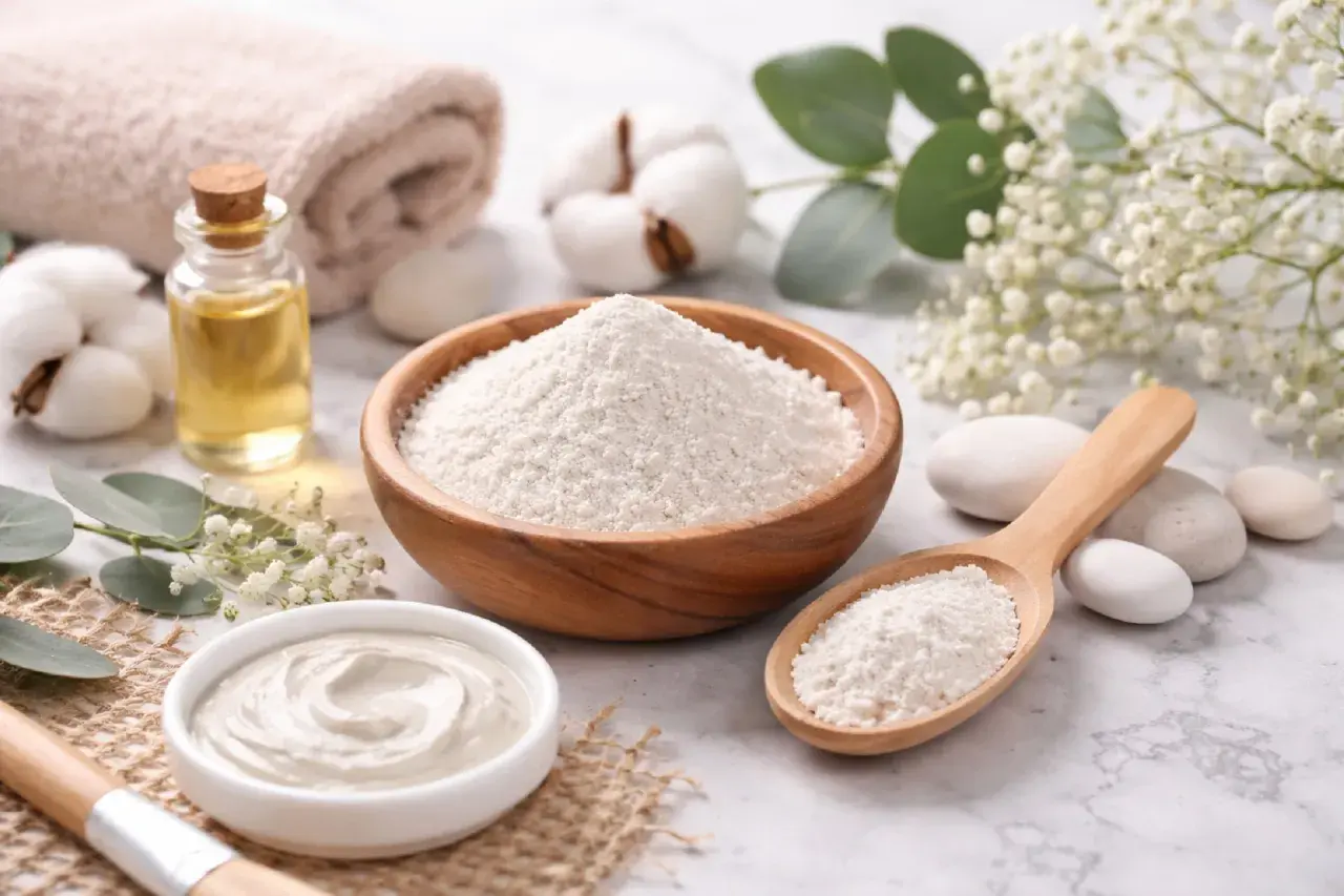 Naturalne kosmetyki: biały proszek, czyli kaolin, w drewnianej misce i łyżce, obok olejku i ręcznika.