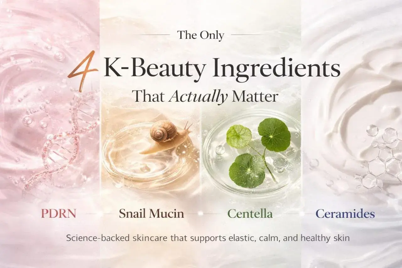 Ślimak na tle kosmetyków, prezentujący 4 kluczowe składniki K-Beauty: PDRN, Snail Mucin, Centella, Ceramides.