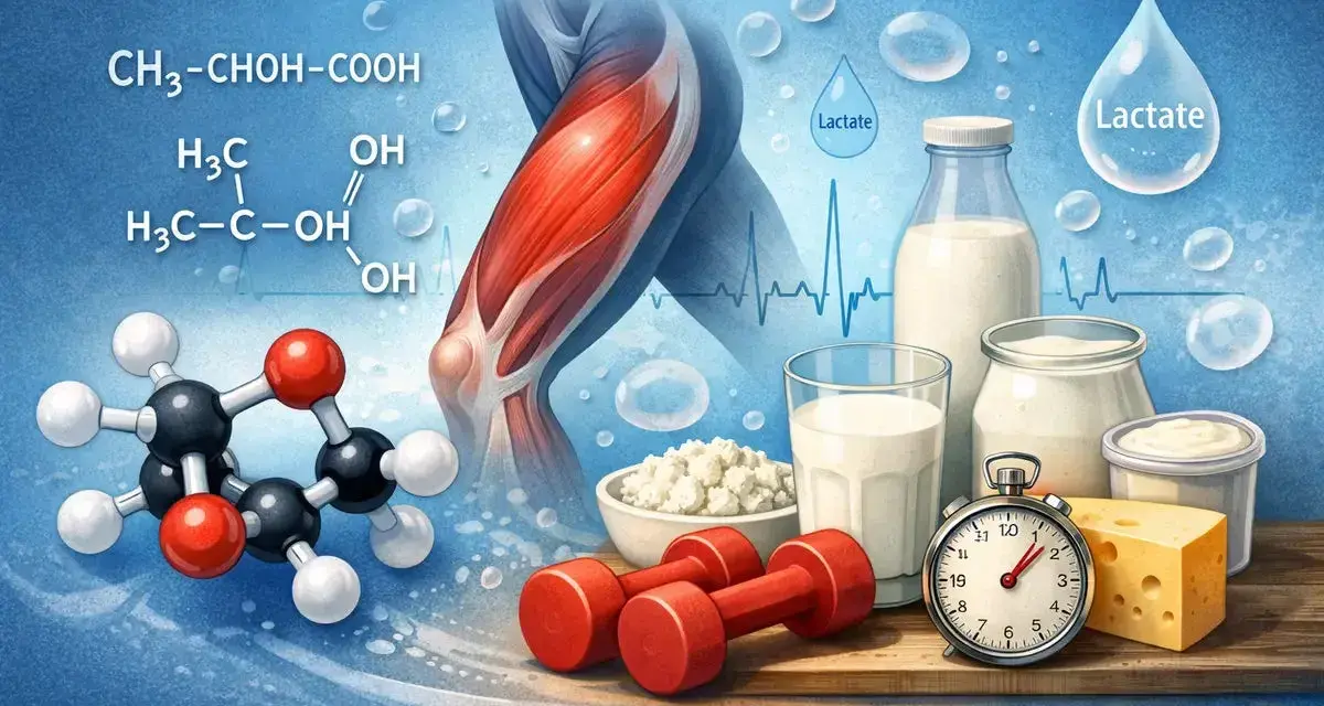 Kwas mlekowy (lactic acid) w mięśniach, mleko, ser, jogurt, hantle i stoper.