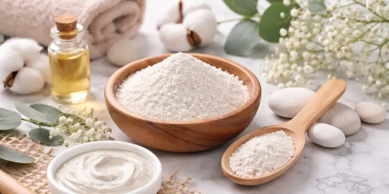 Naturalne kosmetyki: biały proszek, czyli kaolin, w drewnianej misce i łyżce, obok olejku i ręcznika.