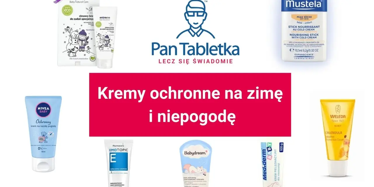 Kremy ochronne na zimę i niepogodę, w tym Mustela z formułą emulgacji, Nivea Baby, Momme, Pharmaceris Emotopic, Babydream, Mediderm i Weleda.