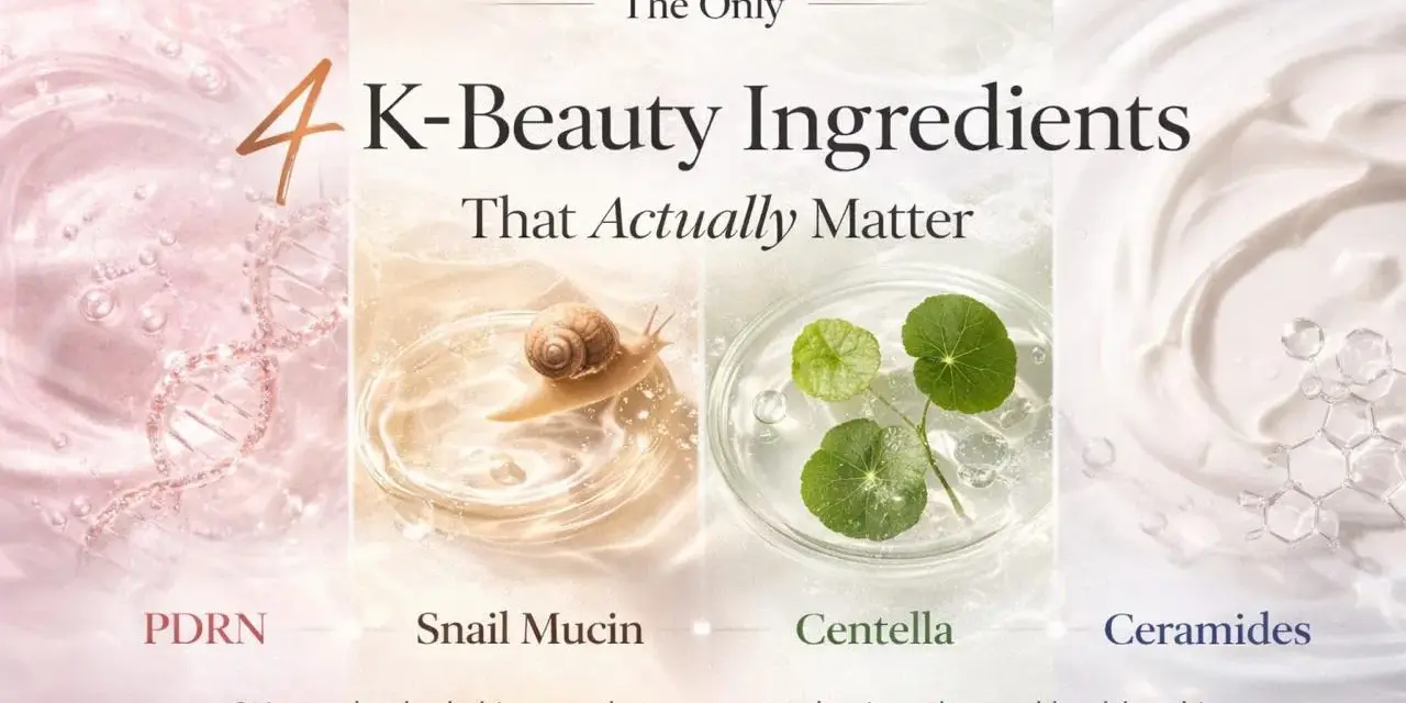 Ślimak na tle kosmetyków, prezentujący 4 kluczowe składniki K-Beauty: PDRN, Snail Mucin, Centella, Ceramides.