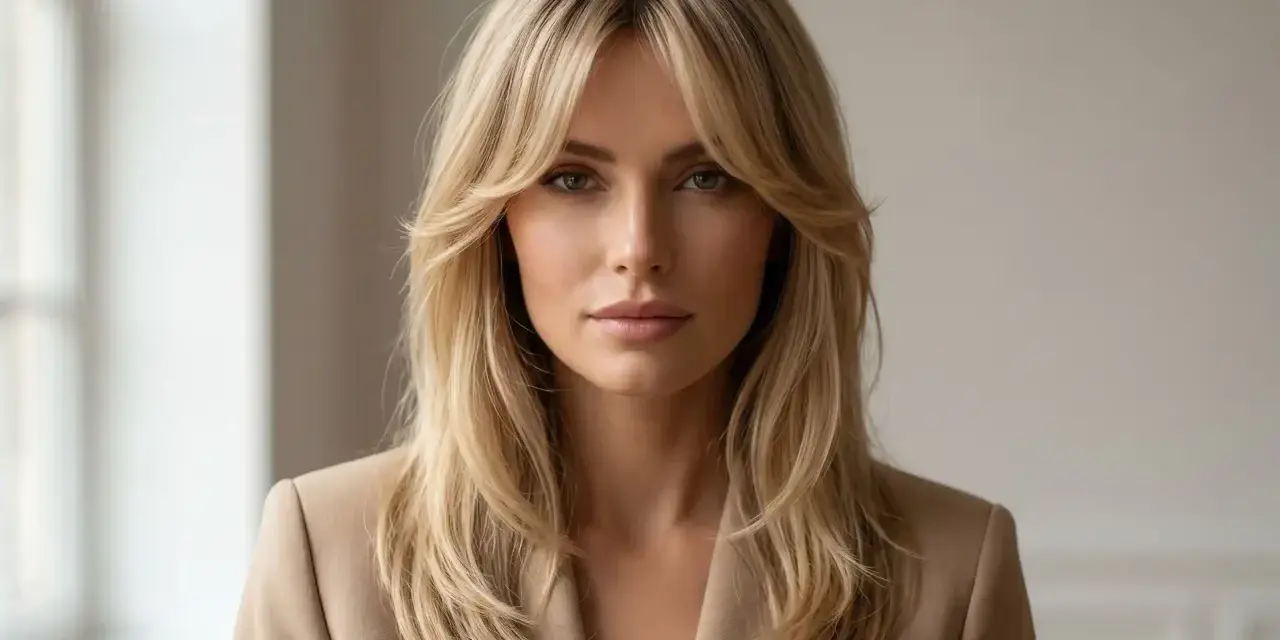 Kobieta w beżowej marynarce z blond włosami i stylową grzywką curtain bangs.
