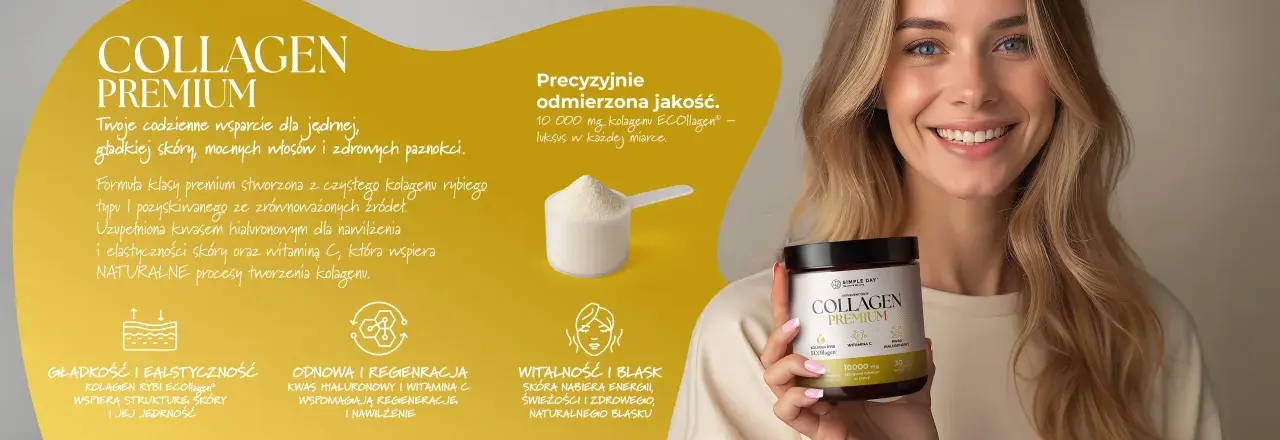 Uśmiechnięta kobieta z produktem Collagen Premium. Kolagen rybi efekty: gładka skóra, mocne włosy, zdrowe paznokcie.