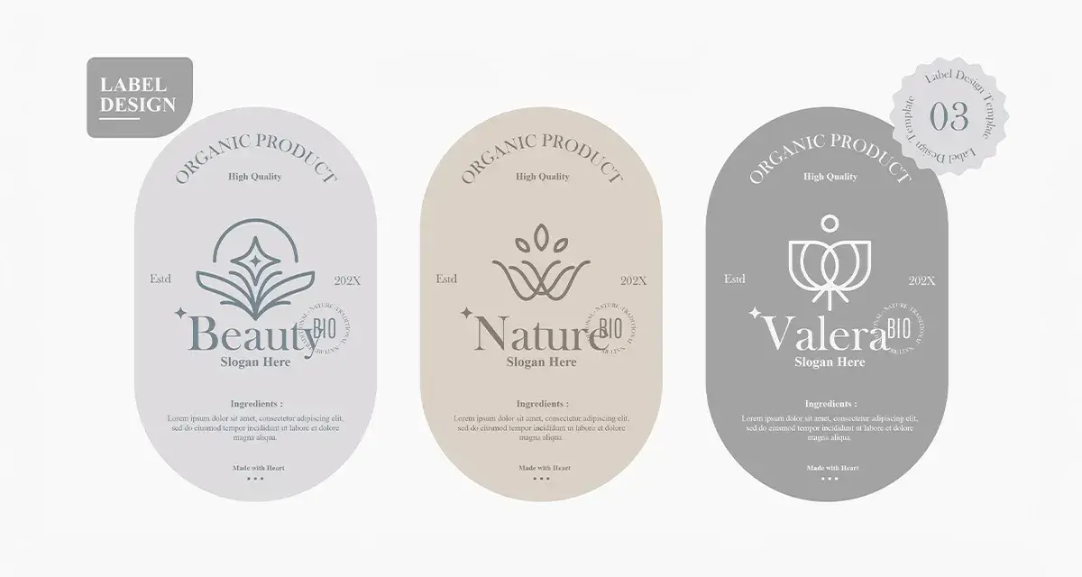 Trzy etykiety kosmetyków organicznych: "Beauty", "Nature" i "Valera". Każda zawiera logo, slogan i listę składników, podkreślając naturalne pochodzenie i wysoką jakość produktów.