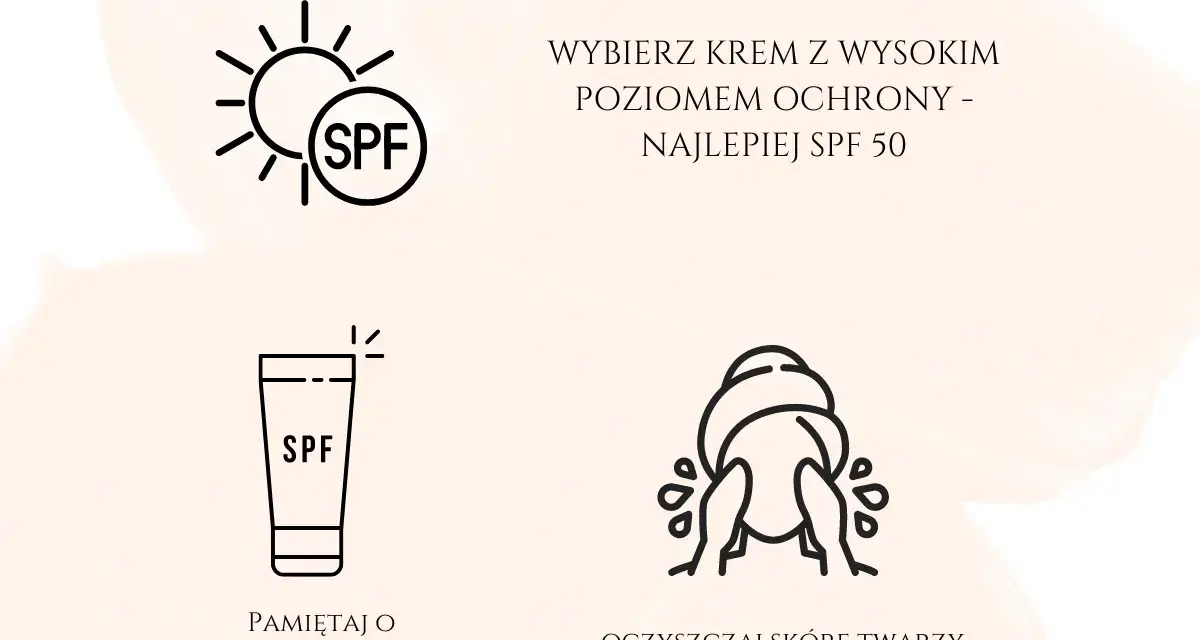 Słońce z napisem SPF symbolizuje ochronę. Wybieraj kremy z wysokim SPF, np. SPF 50. Pamiętaj o reaplikacji co 2 godziny.