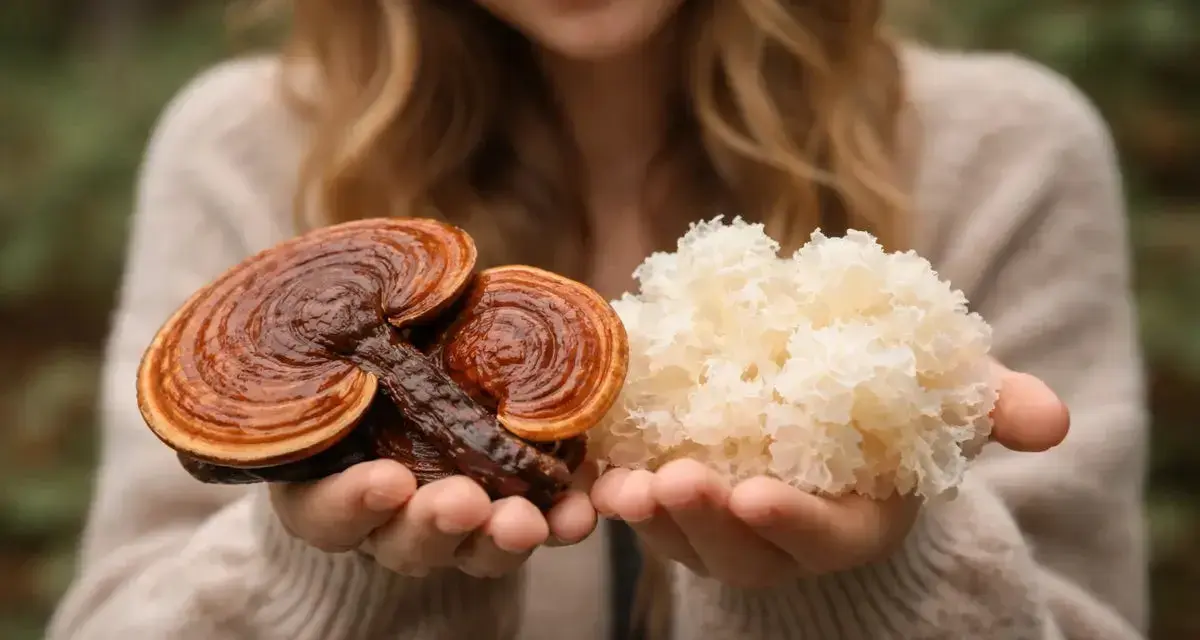 Dłonie trzymające grzyby reishi i białe grzyby. Te naturalne skarby wspierają antyoksydację i zdrowie.