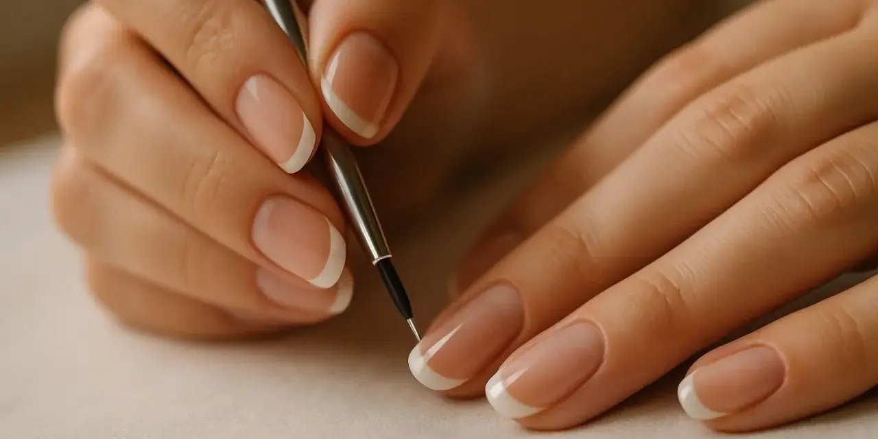 Dłonie z perfekcyjnym francuskim manicure, jedna z nich trzyma cienki pędzelek, jakby tworzyła dzieło sztuki.