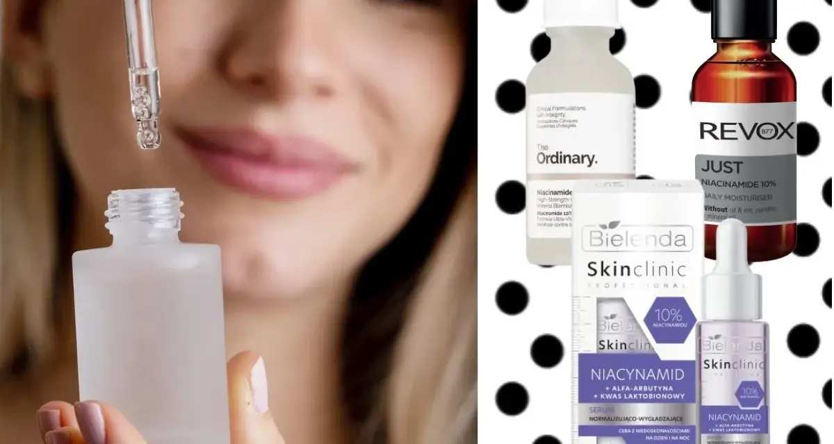 Kobieta aplikuje serum z niacynamidem. Na zdjęciu widać też produkty z niacynobazą od The Ordinary, Revox i Bielenda.