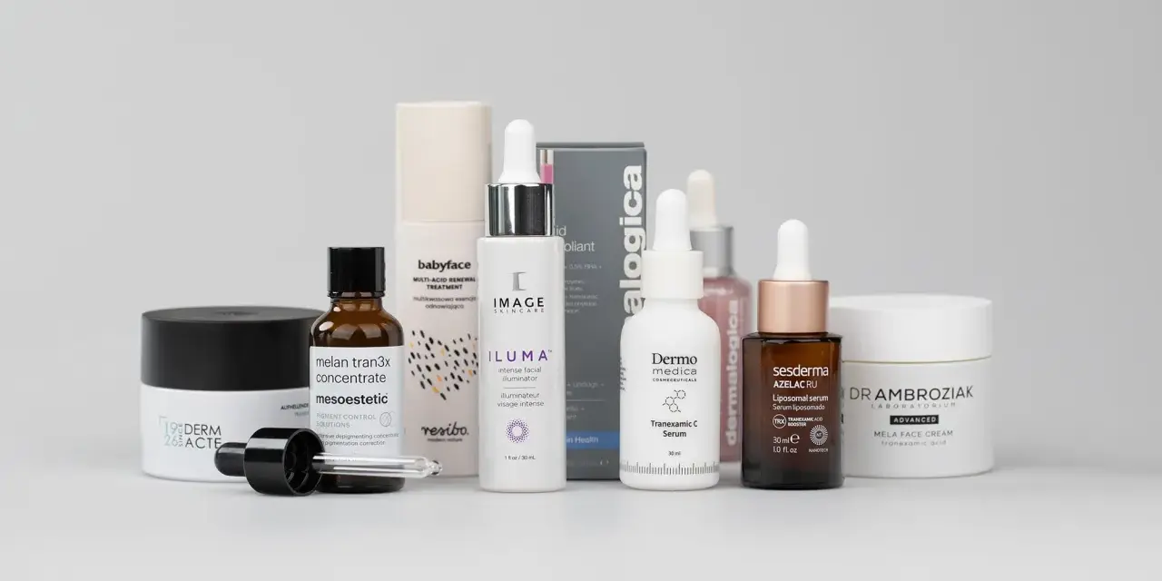 Kremy i serum z kwasem traneksamowym: mesoestetic melan tran3x, Dermo Medica Tranexamic C Serum, Sesderma Azelac RU, Dr Ambroziak Mela Face Cream.