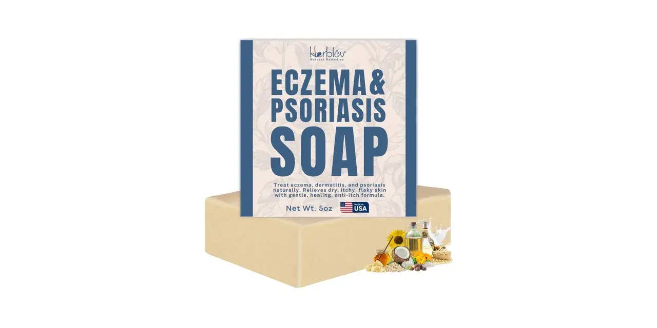 Mydło "Eczema & Psoriasis Soap" od Herblov, które pomaga w leczeniu egzemy i łuszczycy. Naturalne składniki dla ulgi.
