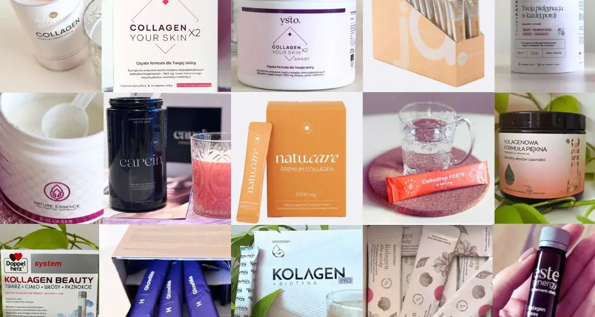 Kolagen na co pomaga? Wiele produktów z kolagenem, wspierających skórę, włosy i paznokcie, w różnych formach: proszek, shoty, saszetki.
