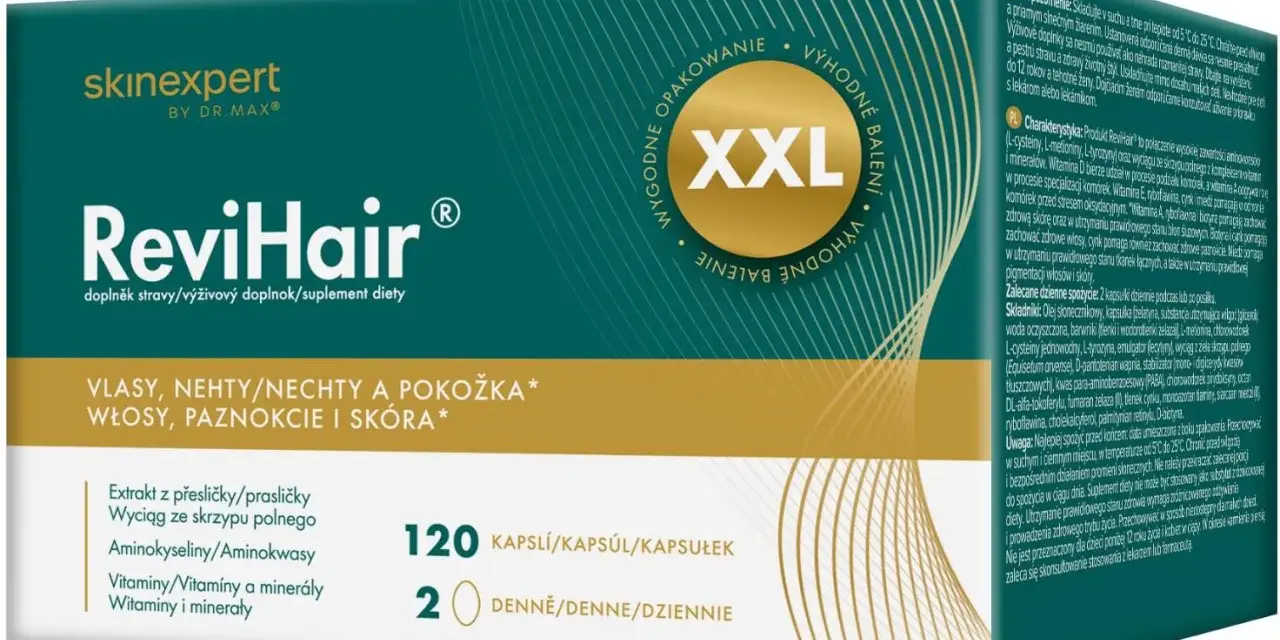 Suplement diety ReviHair w opakowaniu XXL, wspierający włosy, paznokcie i skórę.
