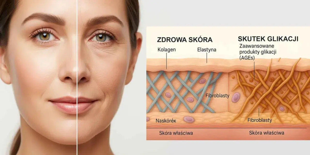 Porównanie zdrowej skóry z efektem glikacji: kolagen i elastyna w zdrowej skórze są sprężyste, w skórze z glikacją włókna są uszkodzone.
