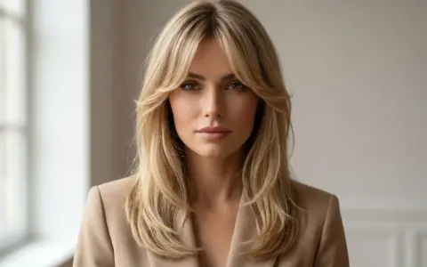 Kobieta w beżowej marynarce z blond włosami i stylową grzywką curtain bangs.