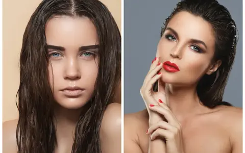 Dwie kobiety z mokrą włoską fryzurą. Jedna z nich ma niebieskie oczy i błyszczące usta, druga zmysłowe czerwone usta i paznokcie.