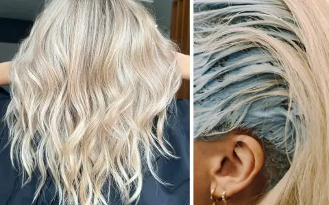 Efekt przed i po: blond włosy po zabiegu z użyciem tonera. Widać aplikację niebieskiego tonera na mokre włosy.