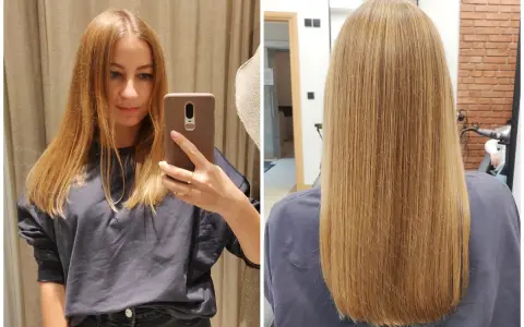 Długie włosy cięcie V. Po lewej dziewczyna robi selfie, po prawej widać efekt cięcia z tyłu.
