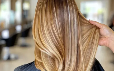 Piękne, długie włosy w odcieniu dirty blonde z subtelnymi refleksami, ułożone w fale.