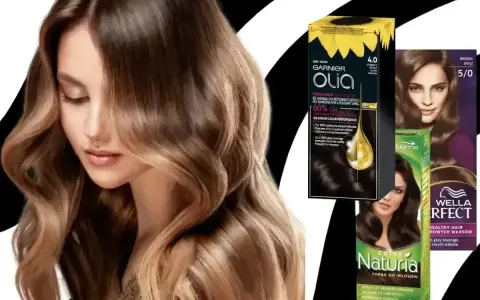 Kobieta z pięknymi, falowanymi włosami brązowymi, obok opakowania farb do włosów Garnier Olia, Joanna i Wella.
