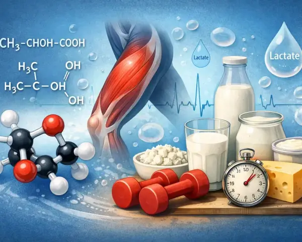 Kwas mlekowy (lactic acid) w mięśniach, mleko, ser, jogurt, hantle i stoper.
