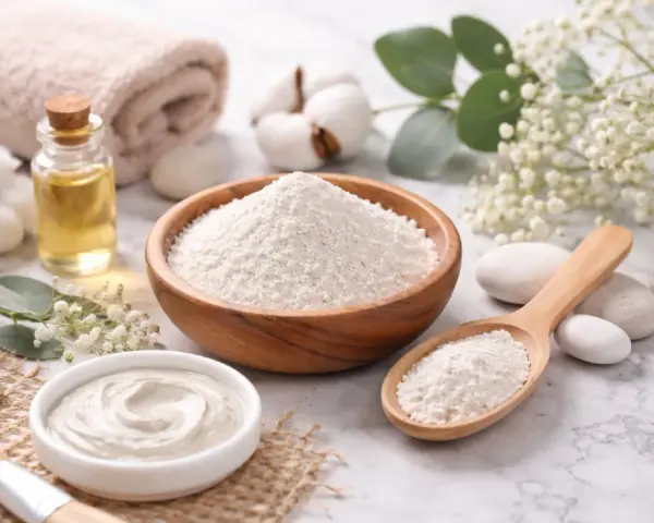 Naturalne kosmetyki: biały proszek, czyli kaolin, w drewnianej misce i łyżce, obok olejku i ręcznika.