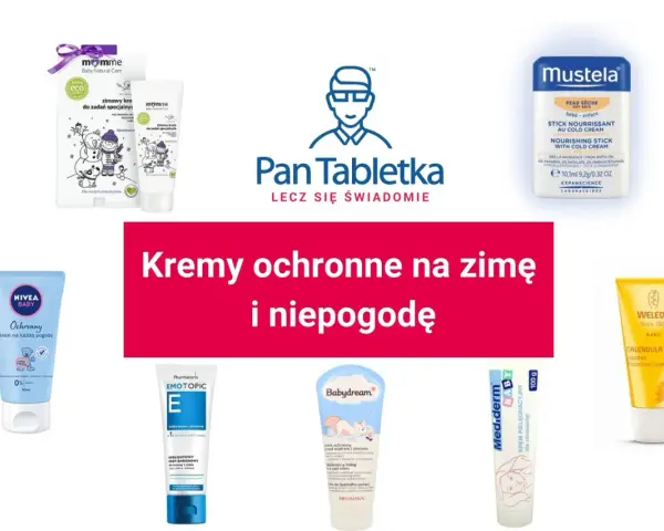 Kremy ochronne na zimę i niepogodę, w tym Mustela z formułą emulgacji, Nivea Baby, Momme, Pharmaceris Emotopic, Babydream, Mediderm i Weleda.