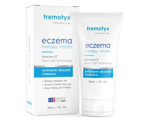Opakowanie i tubka kremu na egzemę Tremotyx z napisem "Intensive Healing Formula".