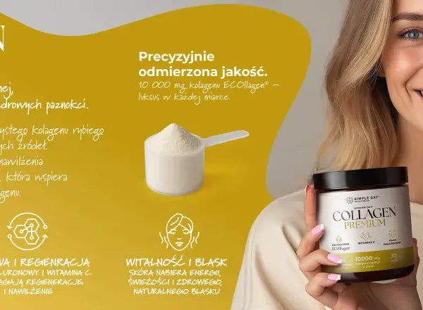 Uśmiechnięta kobieta z produktem Collagen Premium. Kolagen rybi efekty: gładka skóra, mocne włosy, zdrowe paznokcie.