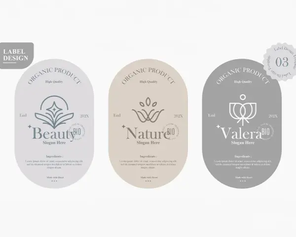 Trzy etykiety kosmetyków organicznych: "Beauty", "Nature" i "Valera". Każda zawiera logo, slogan i listę składników, podkreślając naturalne pochodzenie i wysoką jakość produktów.