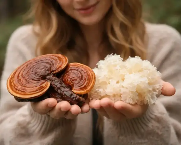 Dłonie trzymające grzyby reishi i białe grzyby. Te naturalne skarby wspierają antyoksydację i zdrowie.