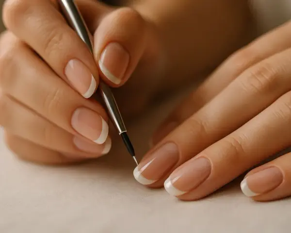 Dłonie z perfekcyjnym francuskim manicure, jedna z nich trzyma cienki pędzelek, jakby tworzyła dzieło sztuki.