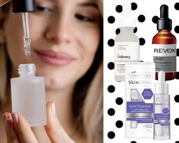 Kobieta aplikuje serum z niacynamidem. Na zdjęciu widać też produkty z niacynobazą od The Ordinary, Revox i Bielenda.