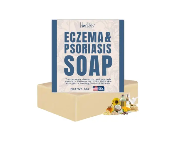 Mydło "Eczema & Psoriasis Soap" od Herblov, które pomaga w leczeniu egzemy i łuszczycy. Naturalne składniki dla ulgi.