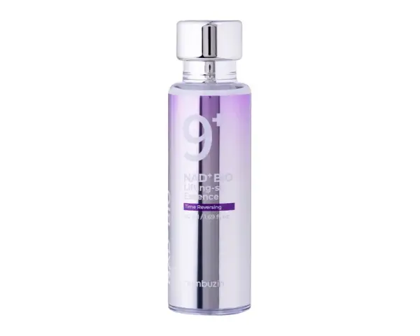 Srebrna buteleczka z fioletowymi akcentami, zawierająca serum liftingujące numbuzin no 9. Time Reversing.