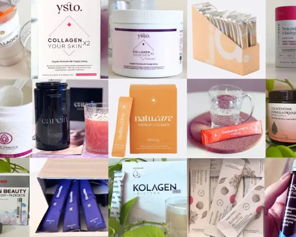 Kolagen na co pomaga? Wiele produktów z kolagenem, wspierających skórę, włosy i paznokcie, w różnych formach: proszek, shoty, saszetki.