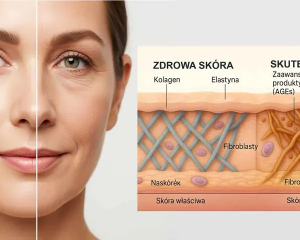 Porównanie zdrowej skóry z efektem glikacji: kolagen i elastyna w zdrowej skórze są sprężyste, w skórze z glikacją włókna są uszkodzone.