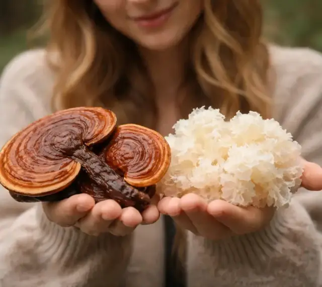 Dłonie trzymające grzyby reishi i białe grzyby. Te naturalne skarby wspierają antyoksydację i zdrowie.