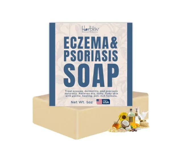 Mydło "Eczema & Psoriasis Soap" od Herblov, które pomaga w leczeniu egzemy i łuszczycy. Naturalne składniki dla ulgi.