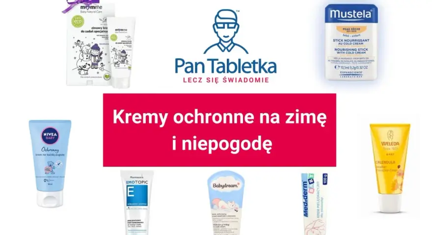 Kremy ochronne na zimę i niepogodę, w tym Mustela z formułą emulgacji, Nivea Baby, Momme, Pharmaceris Emotopic, Babydream, Mediderm i Weleda.