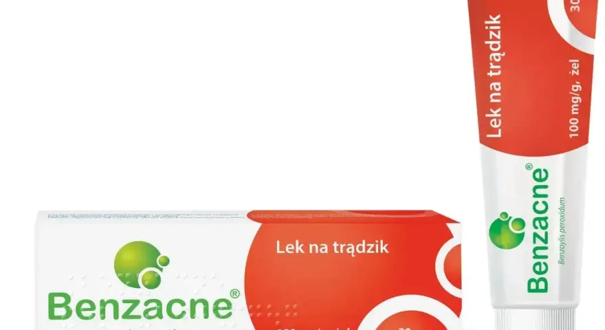 Opakowanie i tubka żelu na trądzik Benzacne. Wiele pozytywnych benzacne opinie potwierdza jego skuteczność w walce z niedoskonałościami.