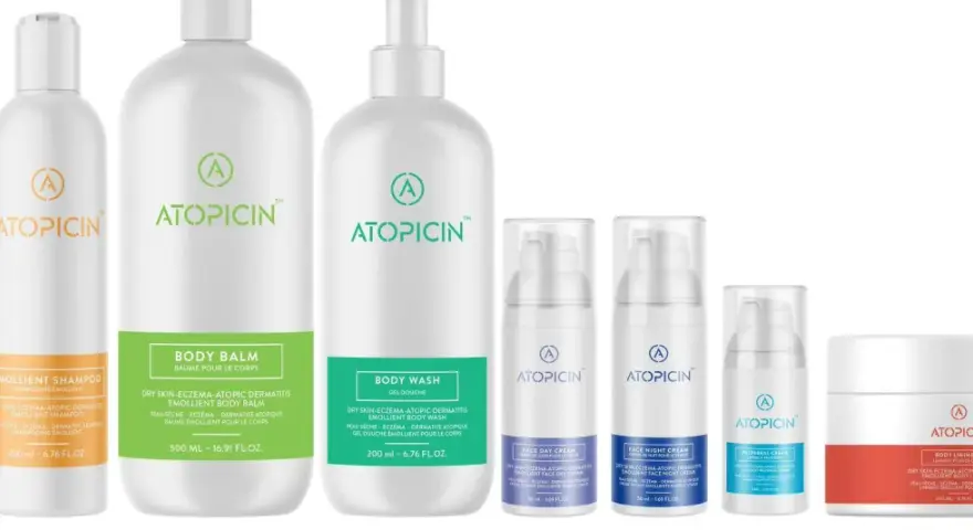 Linia produktów Atopicin: szampon, balsam, żel pod prysznic, kremy do twarzy i balsam do ciała. Idealne dla skóry z egzemą, zapewniające ulgę i nawilżenie.