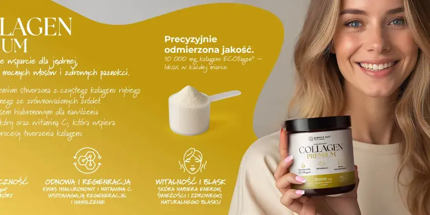 Uśmiechnięta kobieta z produktem Collagen Premium. Kolagen rybi efekty: gładka skóra, mocne włosy, zdrowe paznokcie.