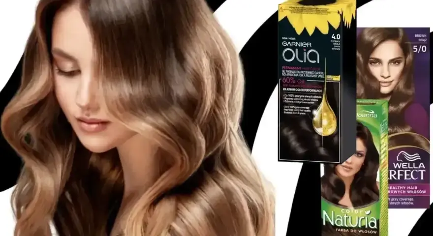 Kobieta z pięknymi, falowanymi włosami brązowymi, obok opakowania farb do włosów Garnier Olia, Joanna i Wella.