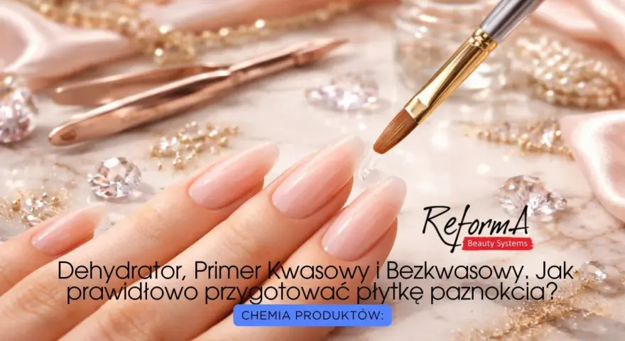 Dłonie z idealnym manicure, pędzelek z produktem. Dowiedz się, kiedy wybrać primer kwasowy czy bezkwasowy do paznokci.