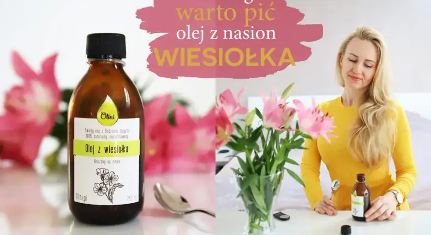 Olej z wiesiołka w butelce i kobieta z kwiatami. Dlaczego warto pić olej z nasion wiesiołka? Forum dyskusyjne.