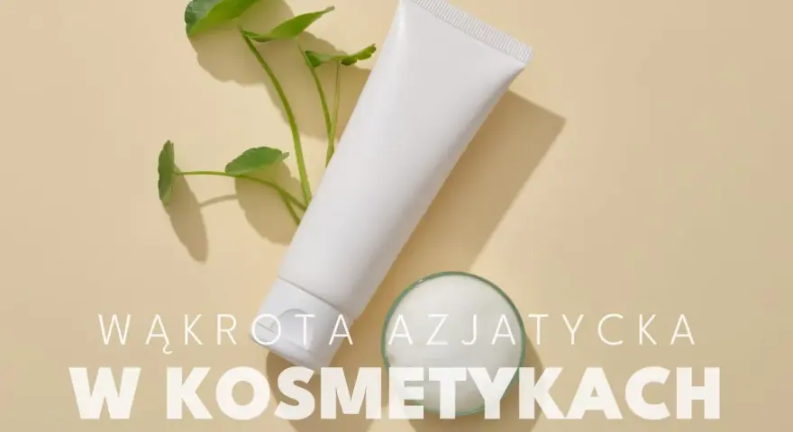 Biała tubka kosmetyku i gałązka z listkami. Wąkrota azjatycka w kosmetykach to sekret pięknej skóry.