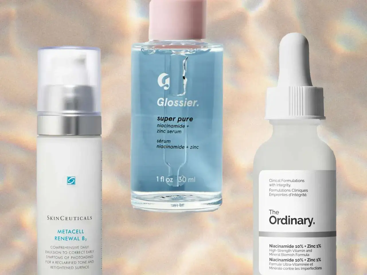 Trzy kosmetyki: SkinCeuticals, Glossier i The Ordinary. Serum z niacynobazą i cynkiem od The Ordinary, serum Glossier oraz emulsja SkinCeuticals.